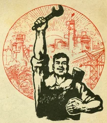 Retrato do trabalhador da República Popular da China. Ilustração de propaganda, em "Manuel pour bien dessiner", Pekin