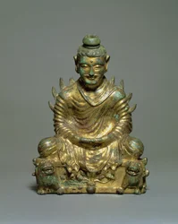 Buda sentado com ombros em chamas, período das seis dinastias chinesas, dinastia Wei do norte, século 3 a 5 (bronze dourado)