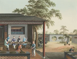 Produção de chá, c. 1820 (aguarela e tinta dourada sobre seda aplicada sobre papel)