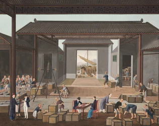 Produção de chá, c. 1820 (aguarela e tinta dourada sobre seda aplicada sobre papel)