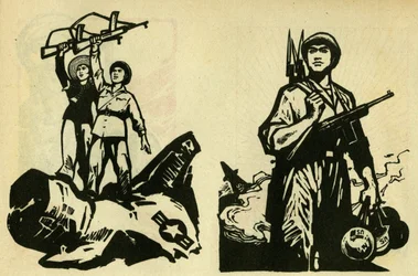 Comunistas vietnamitas vencedores dos Estados Unidos. Ilustração de propaganda, em "Manuel pour bien dessiner", Pekin