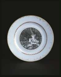 Prato branco rodeado de ouro e vermelho com mulher (porcelana)