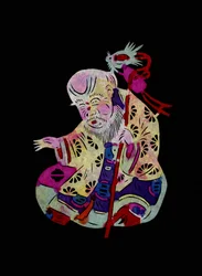 Yaowang Dian, deus taoísta da medicina. Corte de papel pintado ou "Jian Zhi", arte popular chinesa, Pekin.