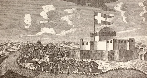 Forte colonial dinamarquês de Fredensborg, Ningo, Gana, tal como era em 1760, de "Afrika, dets Opdagelse, Erobring og Kolonisation", publicado em 1901 em Copenhaga (litografia)