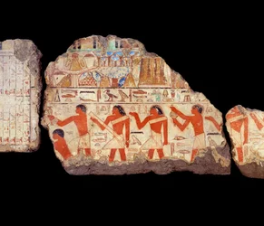Arte do Antigo Egipto: Pinturas da mastaba de Metchetchi: pintura mural ritualista de sacerdotes, 6ª dinastia (ca. 2350-2200).