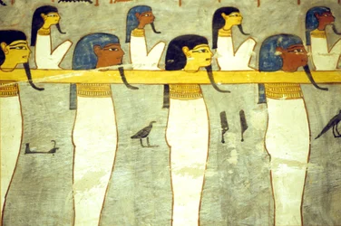 Antigo Egipto, Pintura, Deuses do submundo amarrados a Hathor, vaca divina, rebocando a barca solar, Túmulo de Ramsés I, Tebas