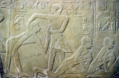 Antigo Egipto, Relevo, Anciãos das aldeias obrigados a admitir as suas declarações fiscais incorrectas aos funcionários, Túmulo de Merereuka, 6ª dinastia (foto)
