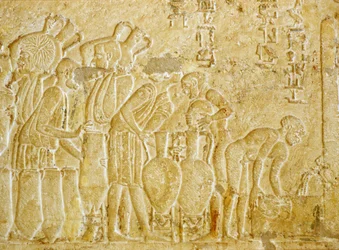 Antigo Egipto, Escultura mural, Túmulo de Petosiris, 300 a.C., Tunael Gebel, Recolha e engarrafamento do vinho (foto)