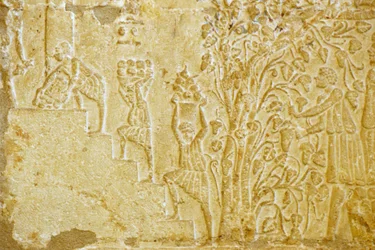 Antigo Egipto, Escultura mural, Túmulo de Petosiris, Tuna el Gebel, 300 a.C., Transportar uvas para o lagar (foto)