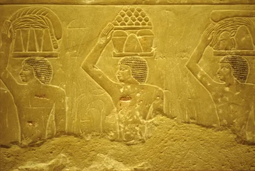 Antigo Egito, Escultura/Pintura mural, Mastaba/Túmulo de Idout, Saqqara, 2323-2150 a.C., Portadores com oferendas (foto)