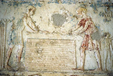 Antigo Egito, Escultura mural/pintura, Túmulo de Petosiris, Tuna el Gebel, 300 a.C., A colheita do linho (foto)
