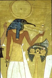Antigo Egipto, Pintura mural Túmulo de Inherkhau, Tebas, Deus Thoth apresentando o defunto a Osíris, 20ª Dinastia, Deus com cabeça de íbis e disco lunar (foto)