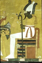 Antigo Egipto, pintura mural Túmulo de Inherkhau, Tebas, Osíris sentado diante da mesa de oferendas, 20ª Dinastia (foto)
