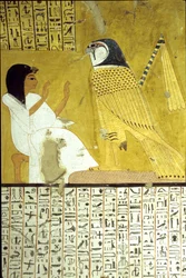Antigo Egipto, Pintura mural Túmulo de Inherkhau, Tebas, Túmulo dos Nobres, 20ª dinastia, Inkherhau adorando o falcão Hórus (foto)
