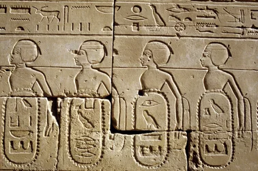 Egipto antigo, Pintura/gravura mural, Karnak/Luxor Pylon Six, Parte das listas de tribos do sul e da Síria que foram subjugadas pelo exército de Tutmoses III, Templo de Karnak, Luxor