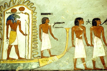 Antigo Egipto, Pintura mural/gravura, Viagem através do barco do submundo puxado por homens, Túmulo de Ramsés I, Tebas