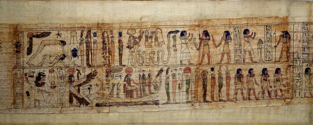 Antigo Papiro Mitológico da Arte Egípcia de Serimen. Em cima: durante a criação do mundo, o deus Geb (Terra) é separado da deusa Nout (céu); deuses e génios a partir de agora. Em baixo: Serimen presta homenagem ao sol que está a inundar com a sua ra