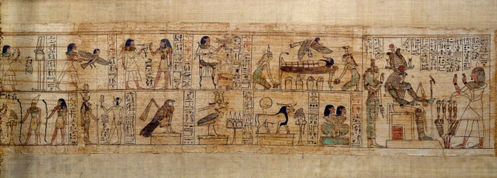 Antigo Papiro Mitológico da Arte Egípcia de Serimen. Top: Serimen ama o deus Osíris representado pelo seu emblema na cidade de Abydos. A alma dos mortos na forma de um pássaro voa sobre a sua múmia vigiada pelas deusas Ísis (esquerda) e Nefthys (direita).
