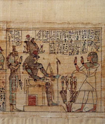 Arte Egípcia Antiga: Papiro mitológico de Serimen. Serimen em adoração perante o deus ptah-sokar-osiris seguido por Ísis. Manuscrito da 21ª dinastia (ca. 1069-945), terceiro período intermediário (ca. 1069-664 a.C.). Pintura.