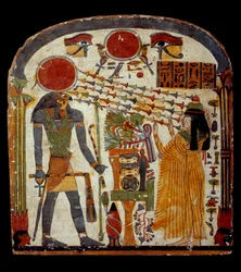 Art of Ancient Egypt: stele de taperet the late Taperet dirige uma oração a Re-Horakhty (Re Horakhty, cerca de 900 - 800 AC) Paris, Musee Du Louvre