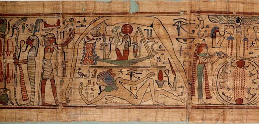 Alegoria antiquita egípcia do cosmos: papiro mitológico de Neskapashouty, escriba contábil de grãos representando a cosmogonia, com Geb, Nout, Nephtys, Osiris. 1070-664 AC. 21ª dinastia. Sol 2,7x0,27 m Paris, musee du Louvre.