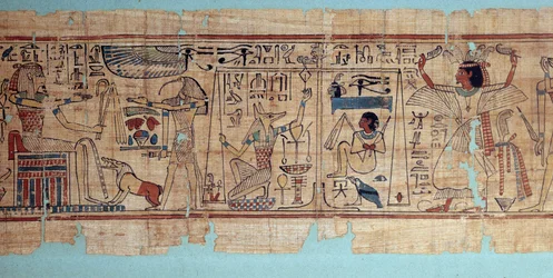 Antiquite egípcio: detalhe do papiro mitológico de Neskapashouty, escriba contabilista dos grãos do sótão de Amon. Anubis pesa o coração (alma) do defunto. 21ª dinastia
