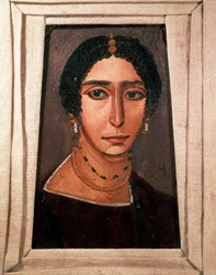 Antiquito egípcio: retrato fúnebre de uma mulher. Pintura em madeira. Século II ou III. De Fayum (Fayum) no Egito. De Paris. Museu do Louvre.