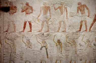 Antiquidade egípcia: homens carregando patos. Relevo calcário da Capela de Mastaba de Akhethetep em Saqqara. 5ª dinastia (cerca de 2500-2350 AC) 2300 AC. Paris, Museu do Louvre