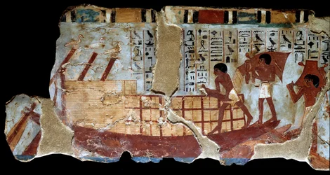 Antiquite egípcia: pintura mural do túmulo de Theban de Ounsou: transporte de trigo por água, série de afrescos sobre a lavoura, plantio, colheita, transporte de feixes, bem como deplorar e despojamento de grãos. Reg de Thutmosis (Tutmosis ou Thutmu