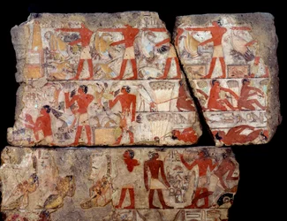 Antiquite egípcia: pintura da mastaba de Metchetchi. Cena da vida cotidiana (caça, pesca, oferta) no Egito na época da 6ª dinastia. 2400-2300 AC. Do local de Saqqara (Sakkara)
