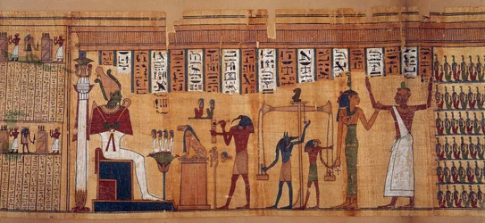 Antiguidades egípcias: a pesagem das almas, papiro do Livro dos Mortos de Chahapiimou, superior dos astrónomos de Amon. Período ptolomaico (332-30 a.C.). Cerca de 500-100 a.C. Paris, Museu do Louvre.
