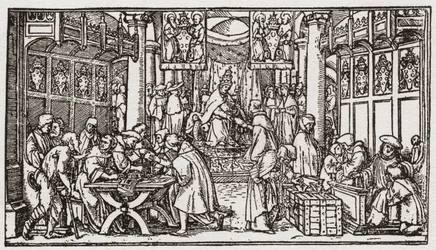 Uma venda de indulgências durante o período Tudor em Inglaterra (gravura)