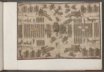 Algodão Augustus III, f.1 Uma batalha. Exércitos em formação. Desenhos de exércitos, soldados, cavalos e arneses, e outras cenas militares. 1500-1650