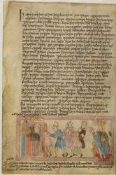 Cotton Claudius B. IV, f.58v Uma cena mostrando a Justiça Anglo-Saxônica, ilustração de (velino)