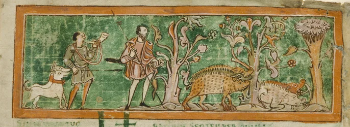 Algodão MS Tibério B V/1 f.7 Suínos a pastar, de uma colecção de miscelânea anglo-saxónica (vellum)