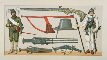 Soldados franceses e armas de fogo do século XVII (cor litho)