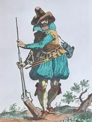 Soldado alemão do início do século XVII, armado com mosquete de fósforo (gravação a cores)