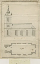 Marchington Church - Elevação Exterior e Plano Interior: desenho a caneta, nd [?meados do século XVIII] (desenho)