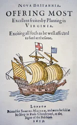 Panfleto que incentiva os colonos a irem à Virgínia na América, publicado em 1609 (cor litho)