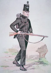 Soldado da 95ª Rifles, c.1810, armado com a espingarda Baker, desenhada por Ezekiel Baker de Londres (cor litho)