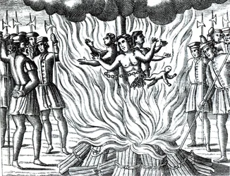 O relato dos três mártires de Guernsey queimados na fogueira, de uma edição de "Acts and Monuments" de John Foxe (1516-87) (gravura)