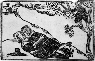 Duas pessoas a fazer sexo, de "A Book of Roxburghe Ballads" (xilogravura) (fotografia a preto e branco)
