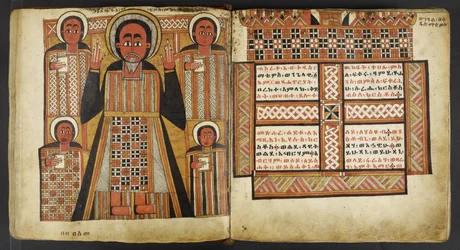 Ou. 516, f.4v, f.5r, de "Os Quatro Evangelhos" (vellum)
