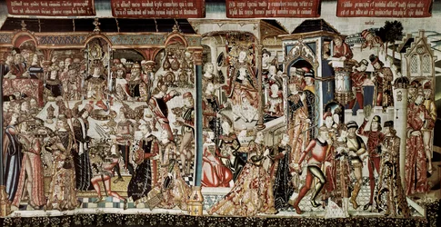 "A festa do Rei Assuero". Livro de Ester : O rei Assuero (Xerxes I) deu aos grandes homens do seu reino uma esplêndida festa que durou vários dias. No sétimo dia, ordenou que a rainha Vasti, vestida com as suas mais belas roupas, viesse e se apresentasse