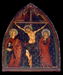 Arte França, Idade Média: crucificação. Pintura em madeira de Sauvagnat, Puy de dome em Auvergne. Dim: 1,45 x 1,22m. Paris, Musee De Cluny