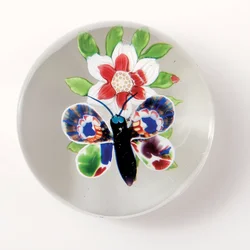 Borboleta bacará e peso da flor, o inseto com corpo e antenas roxos profundos, asas multicoloridas (vidro)