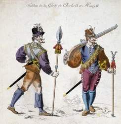 Fantasias de soldados da guarda de Carlos IX (1550-1574) e de Henrique III (1574-1589).