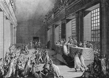 Dias de 18 e 19 de nevoeiro Uma VIII (9 e 10 de Novembro de 1799): O golpe de Estado de Bonaparte na Câmara do Conselho dos Cinco Cêntimos (Sala dos 500) que derrubou a Junta Executiva, tomou o poder e foi nomeado Primeiro Cônsul. Paris, Biblioteca da Inst