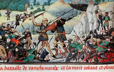 Morte do cavaleiro Rolando, sobrinho de Carlos Magno, na batalha de Roncesvales (778) entre o exército de Carlos Magno e os Sarracenos. Miniatura. Paris, B.N.