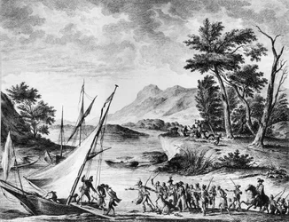 Revolução Francesa: Prisão dos embaixadores franceses Charles Louis Huguet de Semonville (1759-1839) e Hugues Bernard Maret (1763-1839) em Novate, a 25 de Julho de 1793. Gravura e desenho por Duplessi - Bertaux. Paris, Biblioteca do Instituto de História d